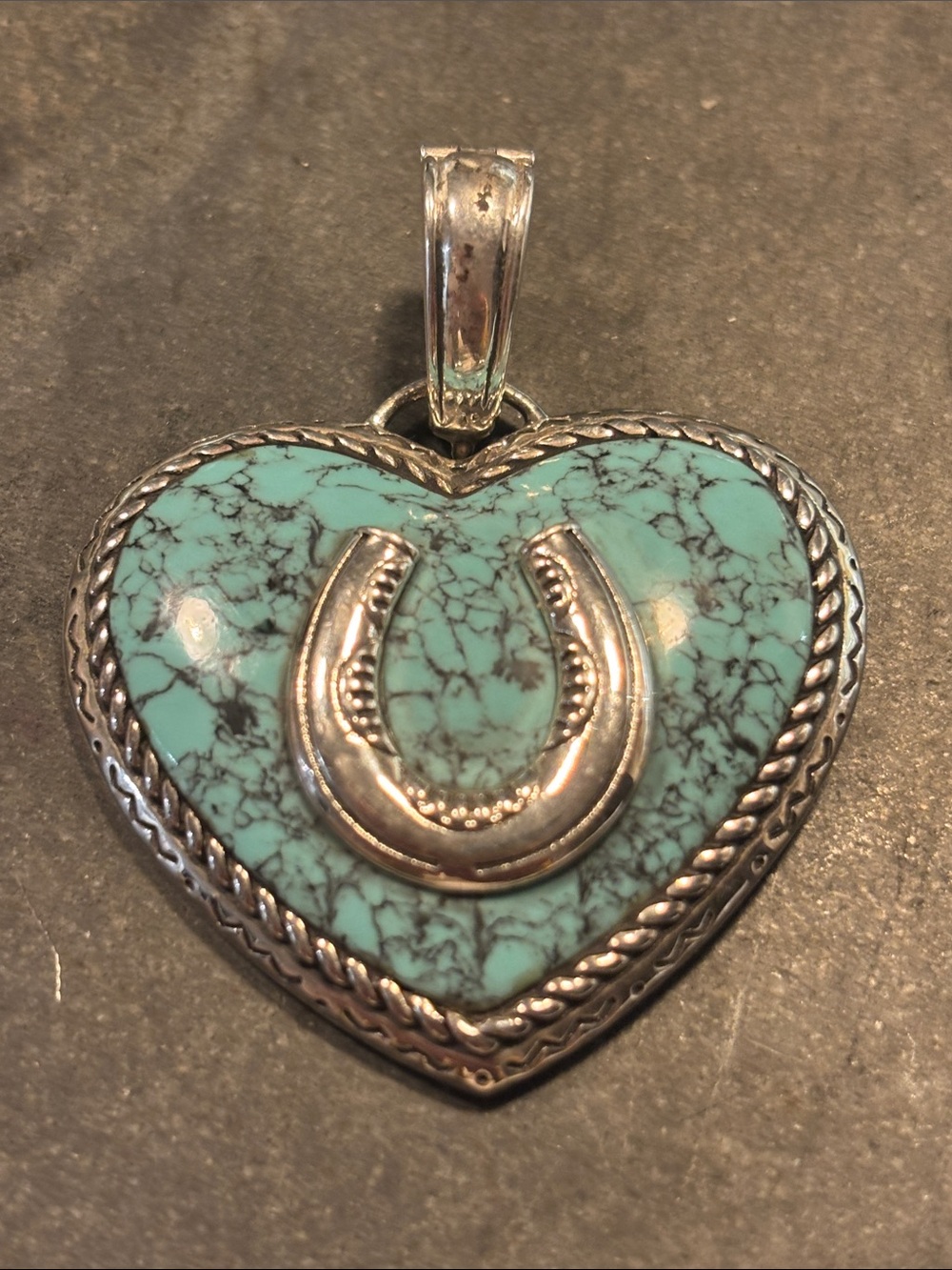 CFJ Sharon Evan’s signed Turquoise Heart Pendant with Horseshoe Accent